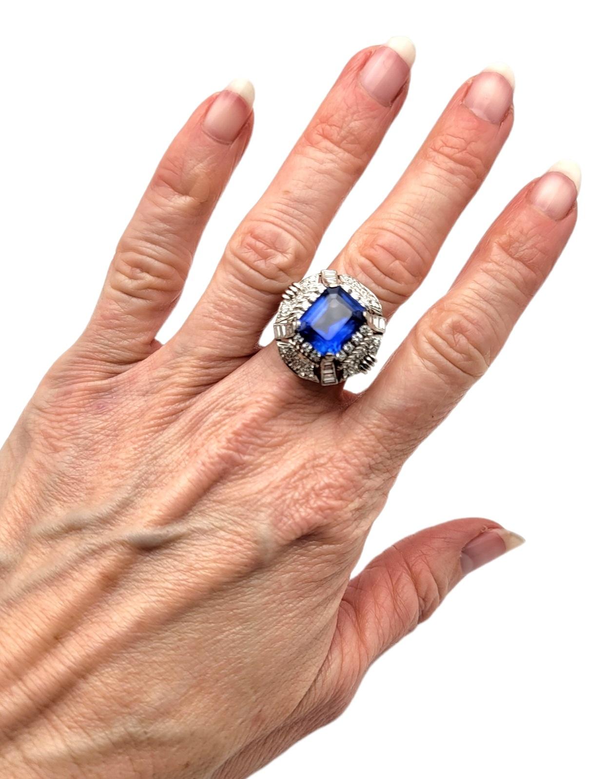 Rare 6.18 Carat Untreated Emerald Cut Ceylon Sapphire and Diamond Platinum Ring For Sale 6