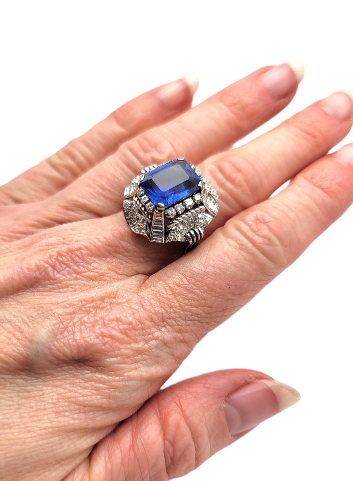Rare 6.18 Carat Untreated Emerald Cut Ceylon Sapphire and Diamond Platinum Ring For Sale 8