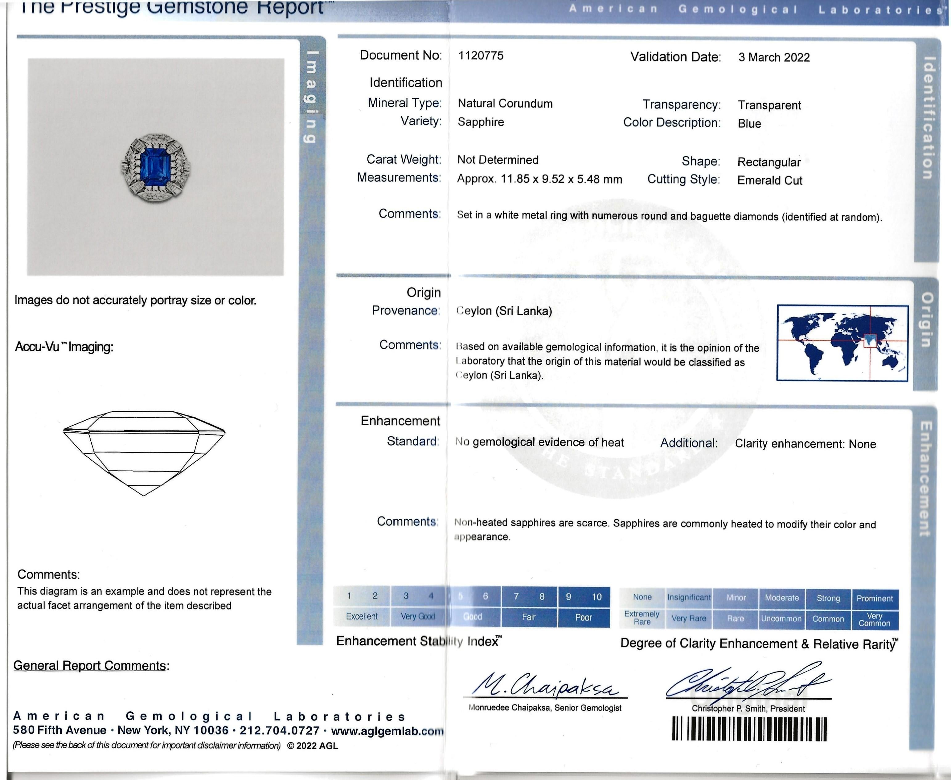 Rare 6.18 Carat Untreated Emerald Cut Ceylon Sapphire and Diamond Platinum Ring For Sale 9