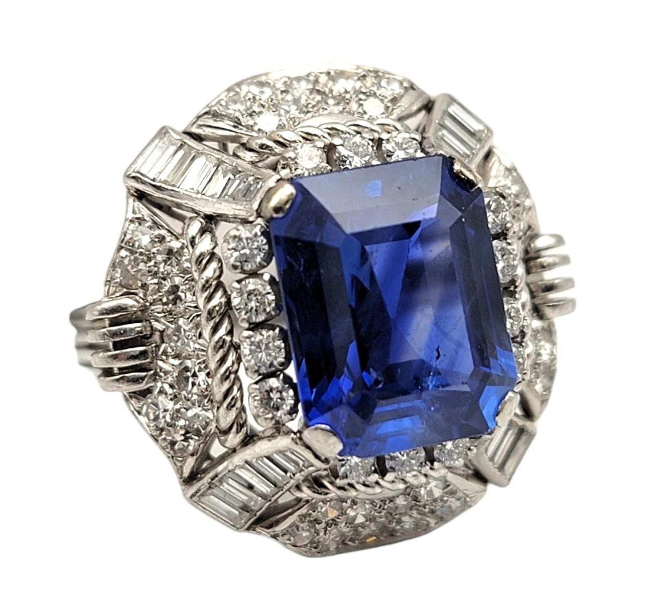 Contemporary Rare 6.18 Carat Untreated Emerald Cut Ceylon Sapphire and Diamond Platinum Ring For Sale