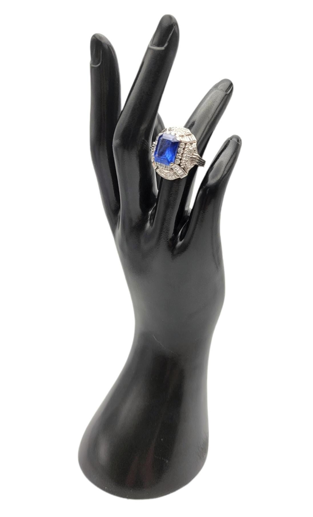 Rare 6.18 Carat Untreated Emerald Cut Ceylon Sapphire and Diamond Platinum Ring For Sale 2