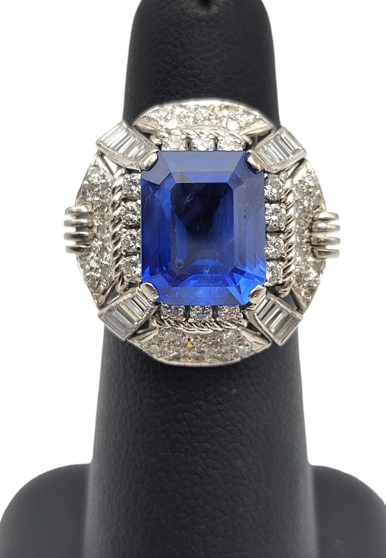 Rare 6.18 Carat Untreated Emerald Cut Ceylon Sapphire and Diamond Platinum Ring For Sale 3