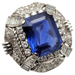 Rare 6.18 Carat Untreated Emerald Cut Ceylon Sapphire and Diamond Platinum Ring