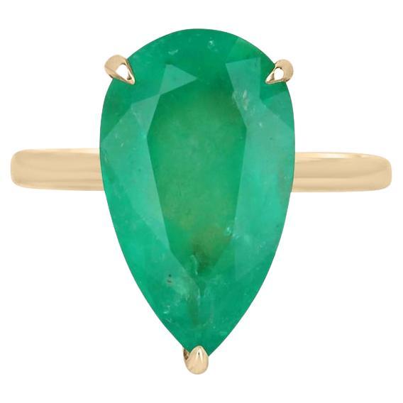 Rare 6.28ct Pear Cut Colombian Emerald Solitaire Gold Ring - 18K 750 Gold For Sale
