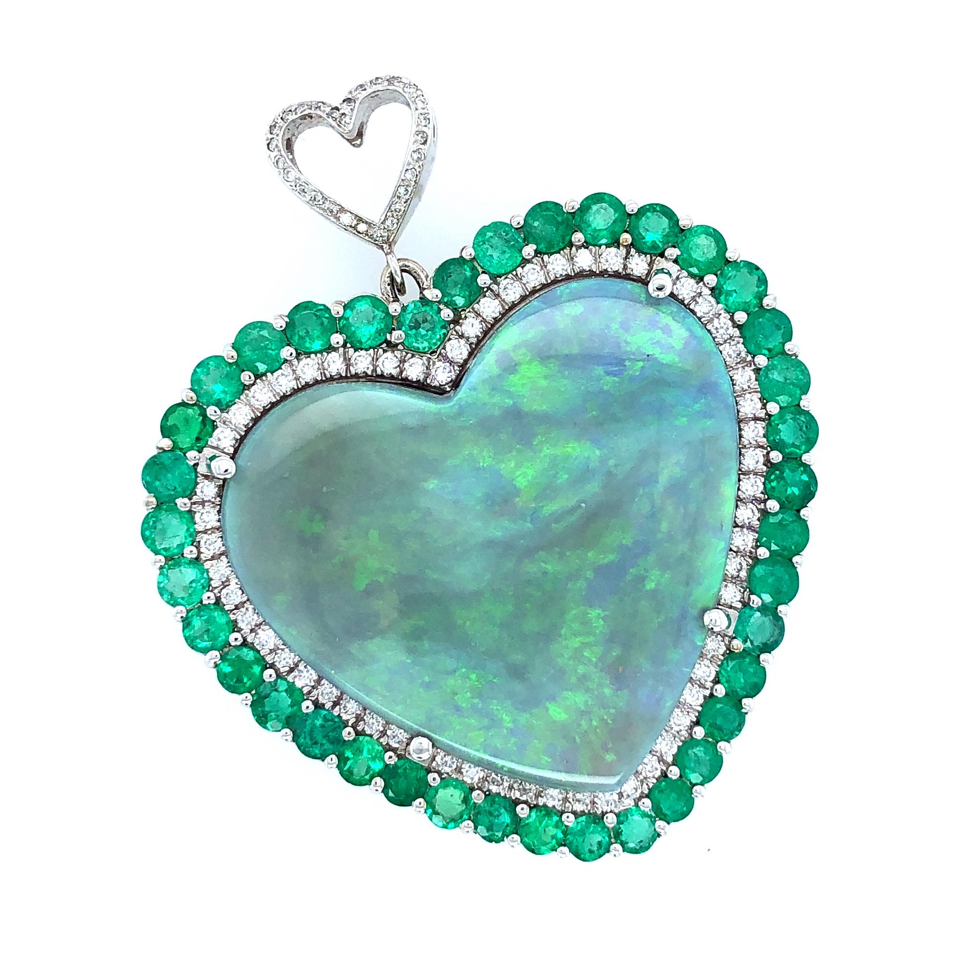 Heart Cut Rare 65 Carat Black Opal Emeralds and Diamonds Pendant