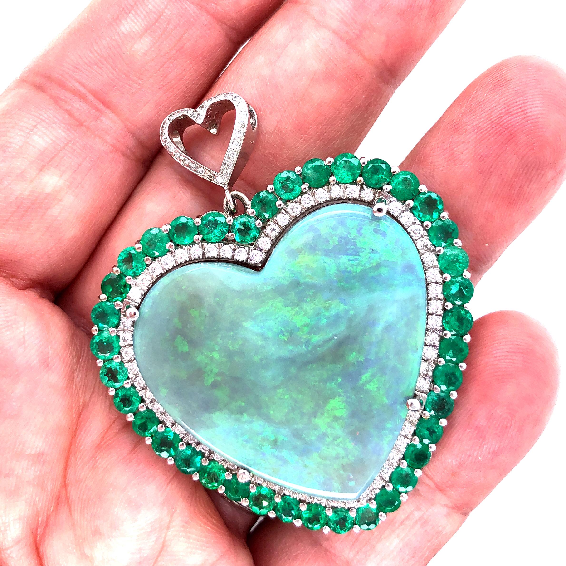 Women's or Men's Rare 65 Carat Black Opal Emeralds and Diamonds Pendant