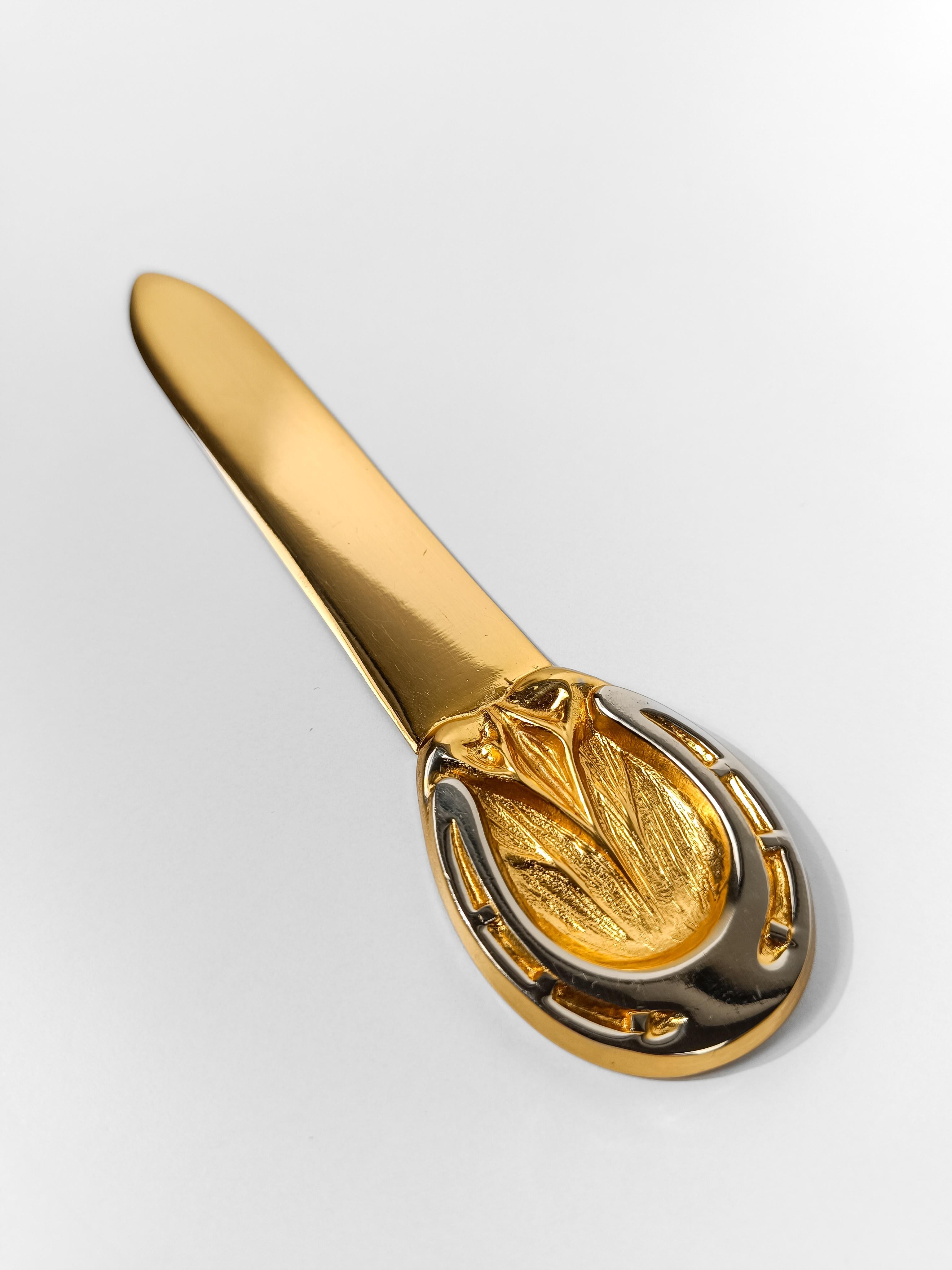 Rare 70s Horseshoe Letter Opener in Brass & Chrome By Gucci With Original Box For Sale 4