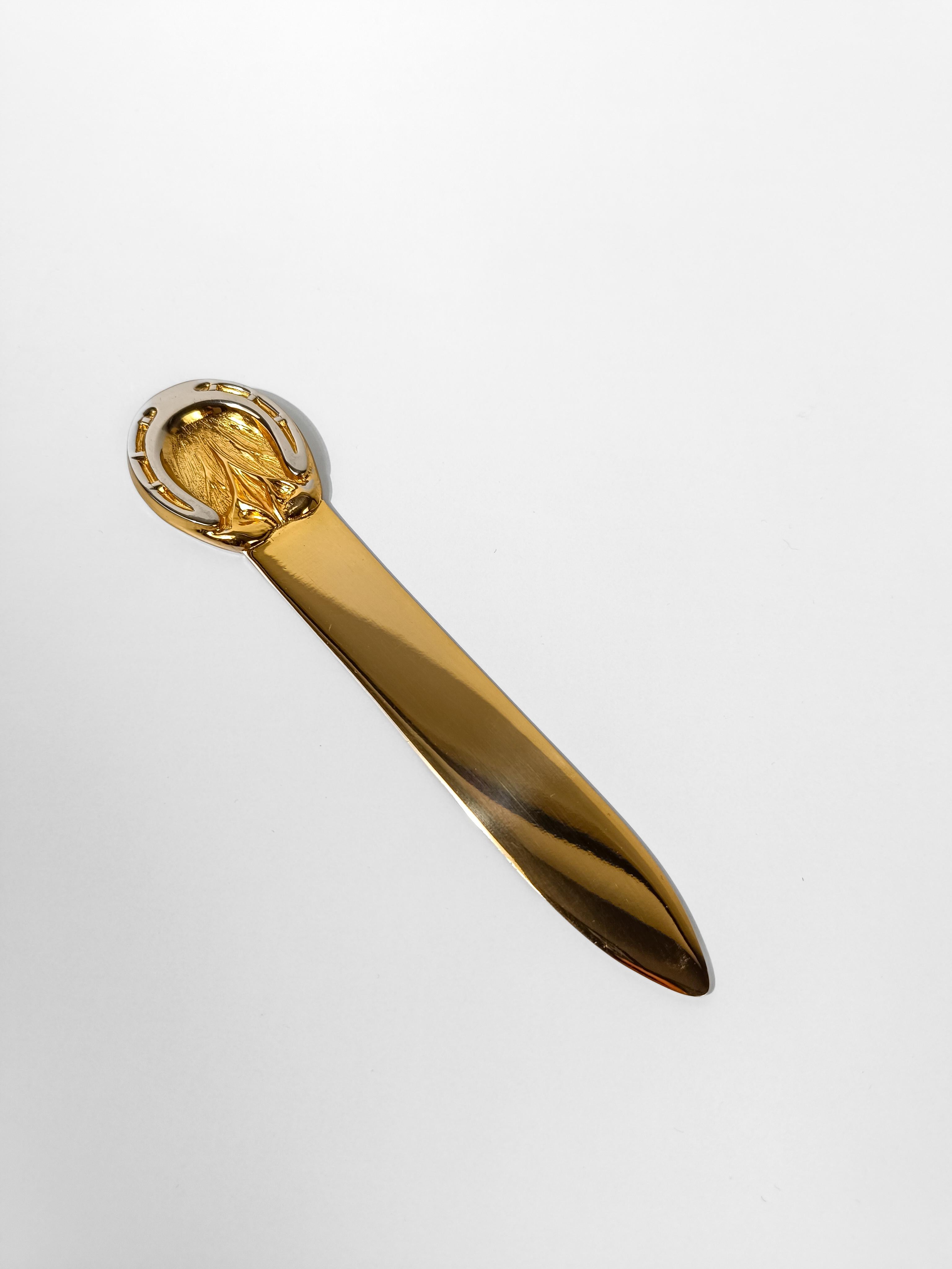Mid-Century Modern Rare 70s Horseshoe Letter Opener in Brass & Chrome By Gucci With Original Box For Sale