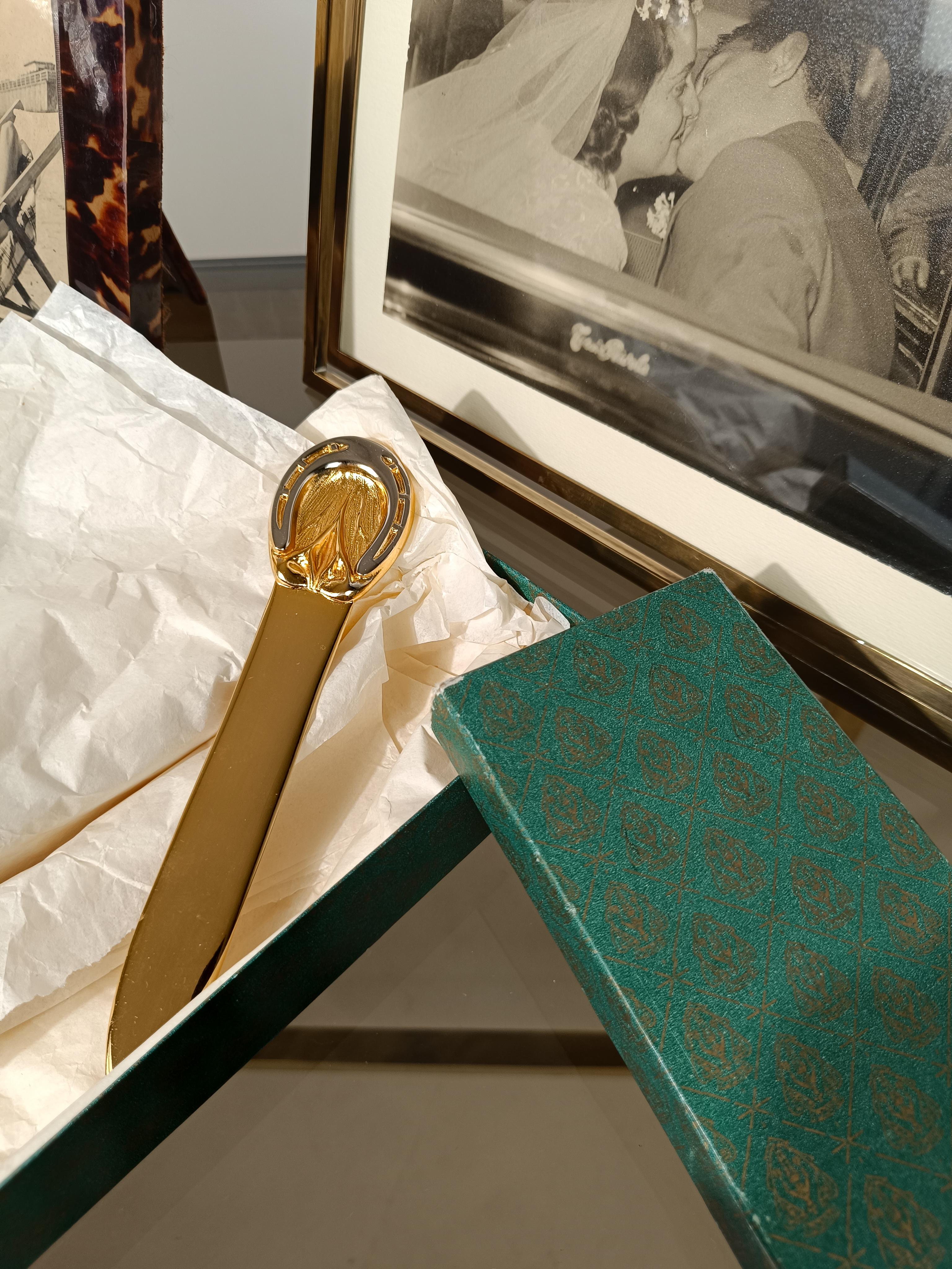 Italian Rare 70s Horseshoe Letter Opener in Brass & Chrome By Gucci With Original Box For Sale