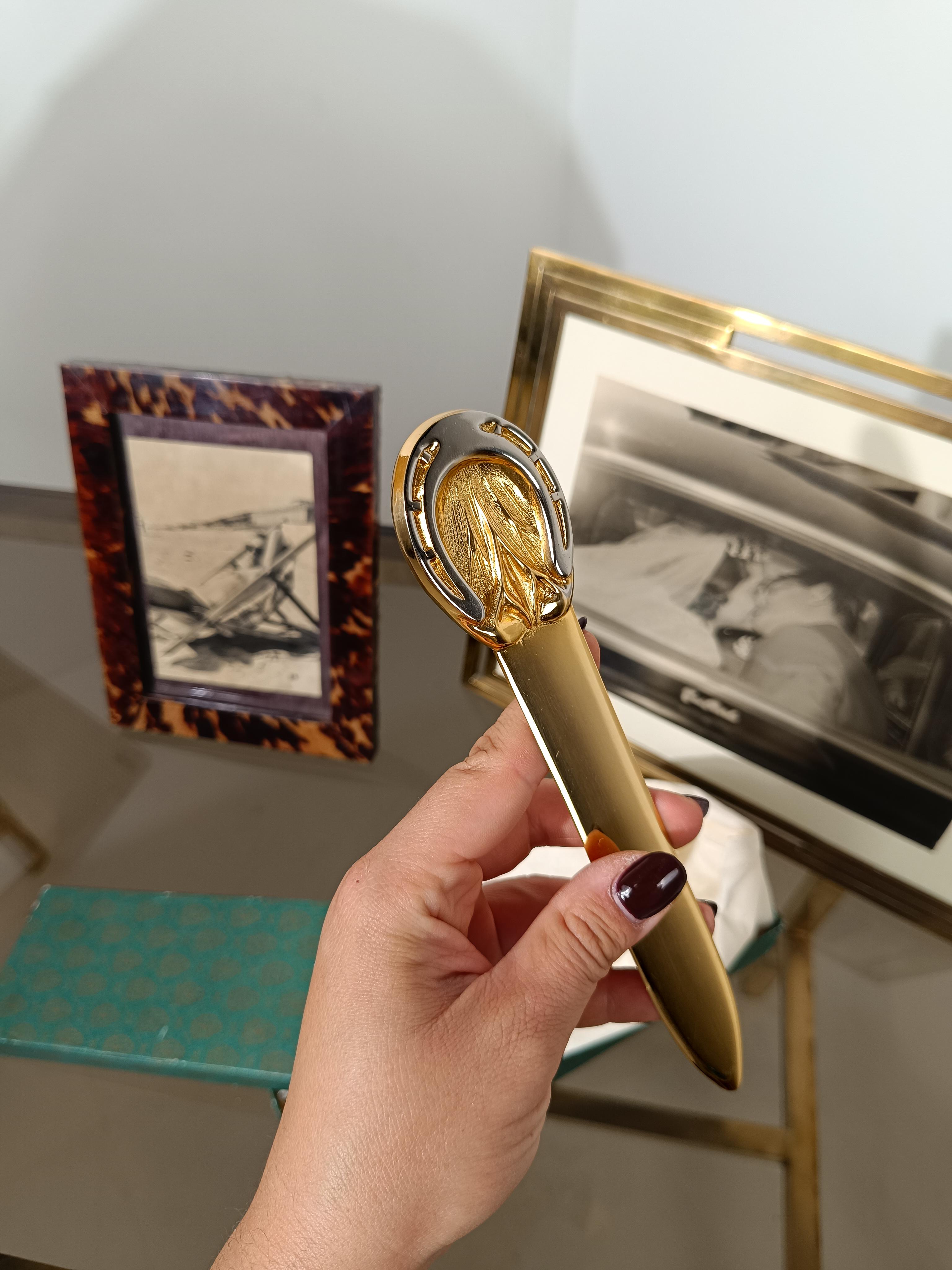 20th Century Rare 70s Horseshoe Letter Opener in Brass & Chrome By Gucci With Original Box For Sale