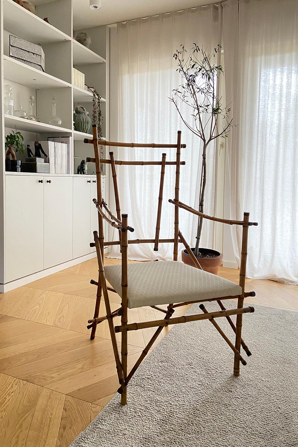 Beautiful delicate and rare Italian safari chair from circa 1970. This unique piece of furniture has been hand-crafted and is made from real bamboo with brass hardware. This armchair is a truly artisan-made piece!

The bamboo structure is still