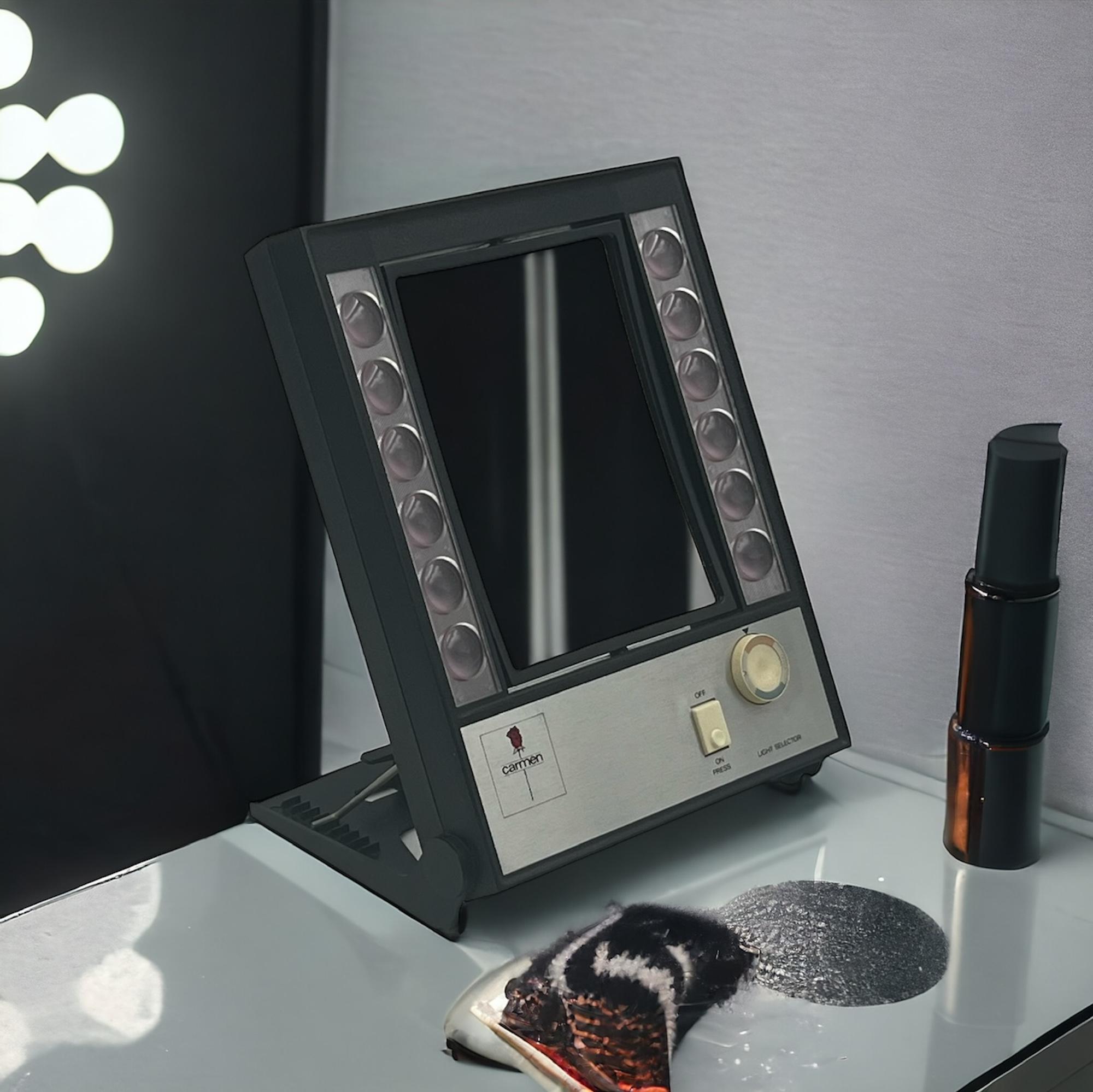 Plastic Rare 70s Tabletop Mirror with Light and Magnifier - Nordic Design Icons For Sale