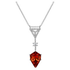 Rare 7.39-Carat Shield Spessartite Garnet Platinum Necklace with Diamond Accents
