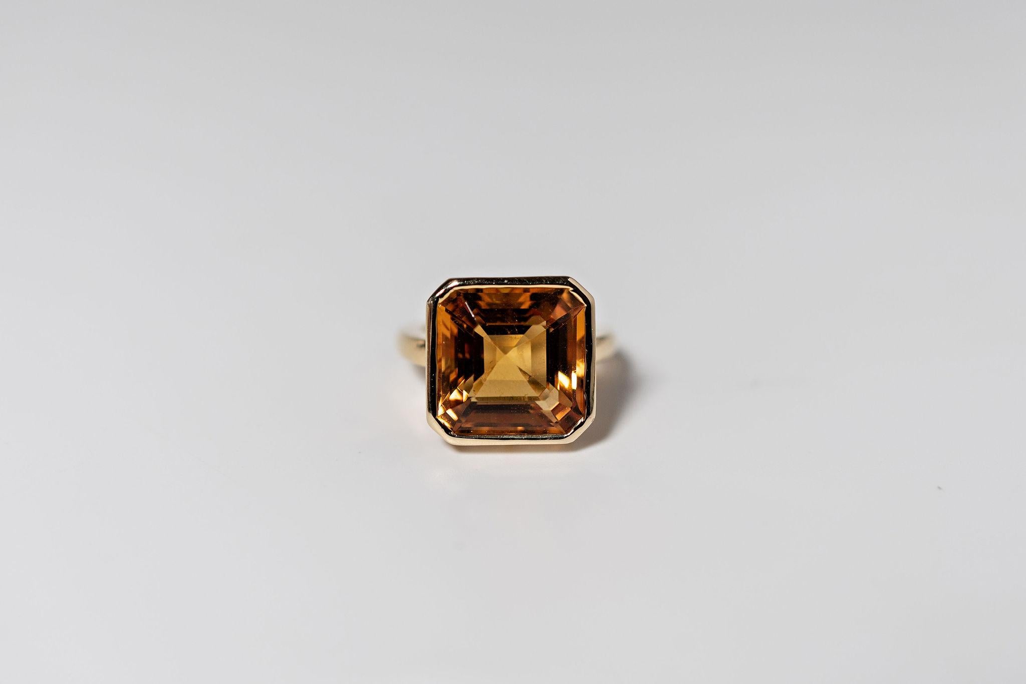 Women's Rare 7.88ct Orange Citrine Pinky Ring, Bezel Set & Handmade in 14k Yellow Gold For Sale