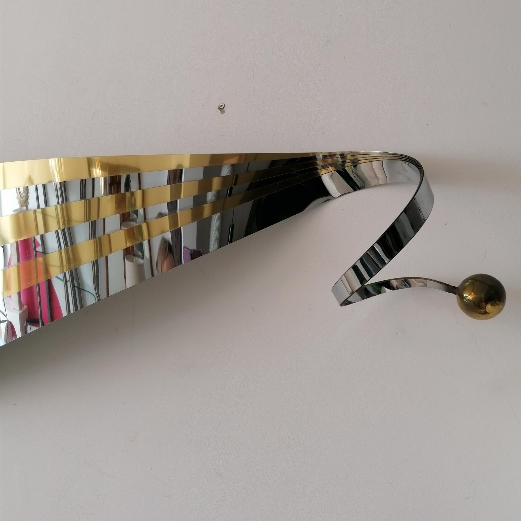 American Rare 80s Postmodern Gold & Chrome Ribbon Wall Sculpture by Curtis Jere, USA For Sale