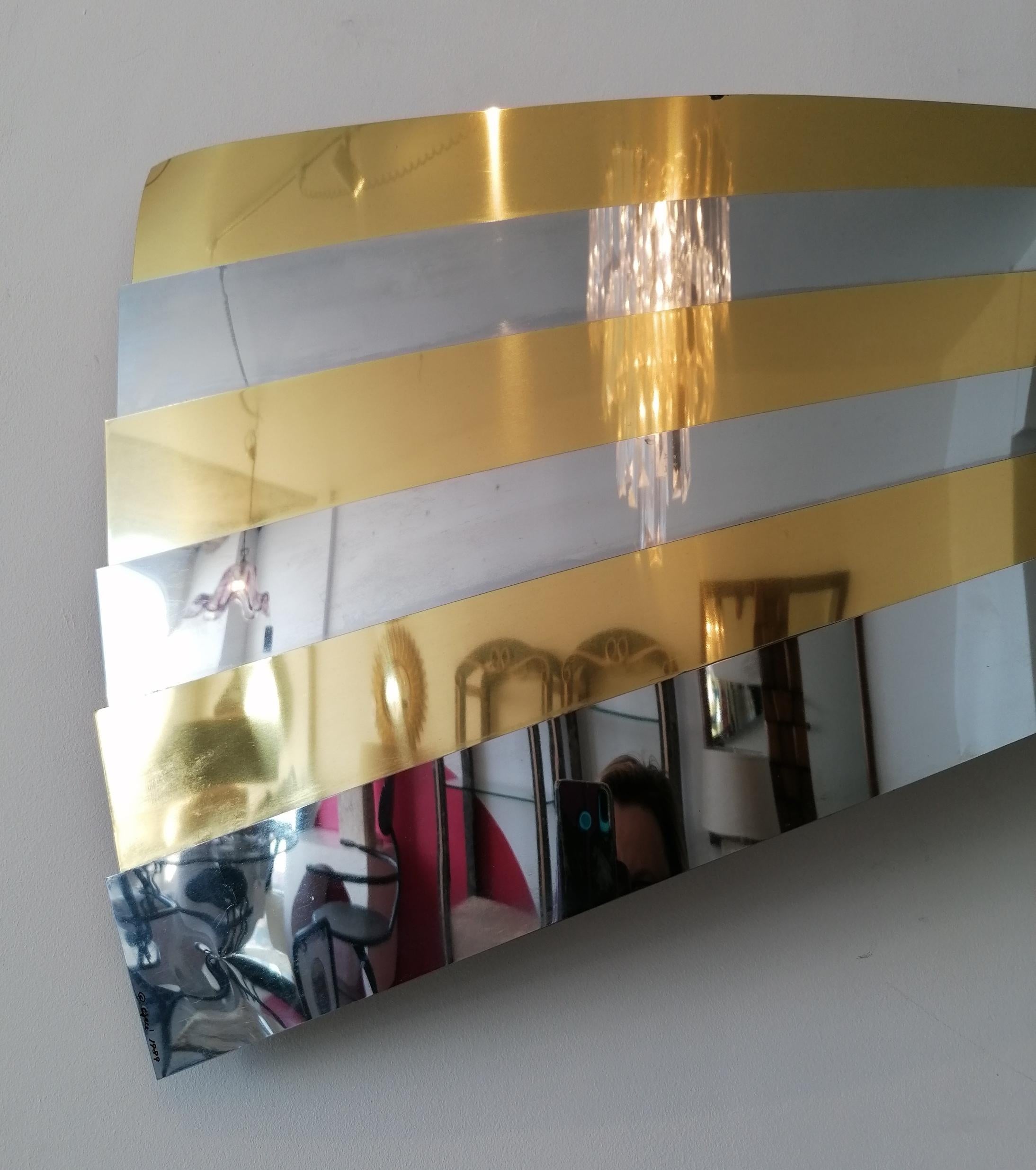 Gold Plate Rare 80s Postmodern Gold & Chrome Ribbon Wall Sculpture by Curtis Jere, USA For Sale