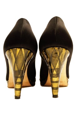 Rodo Black Satin Pumps with Gold Stained Glass Style Heel, 1980s