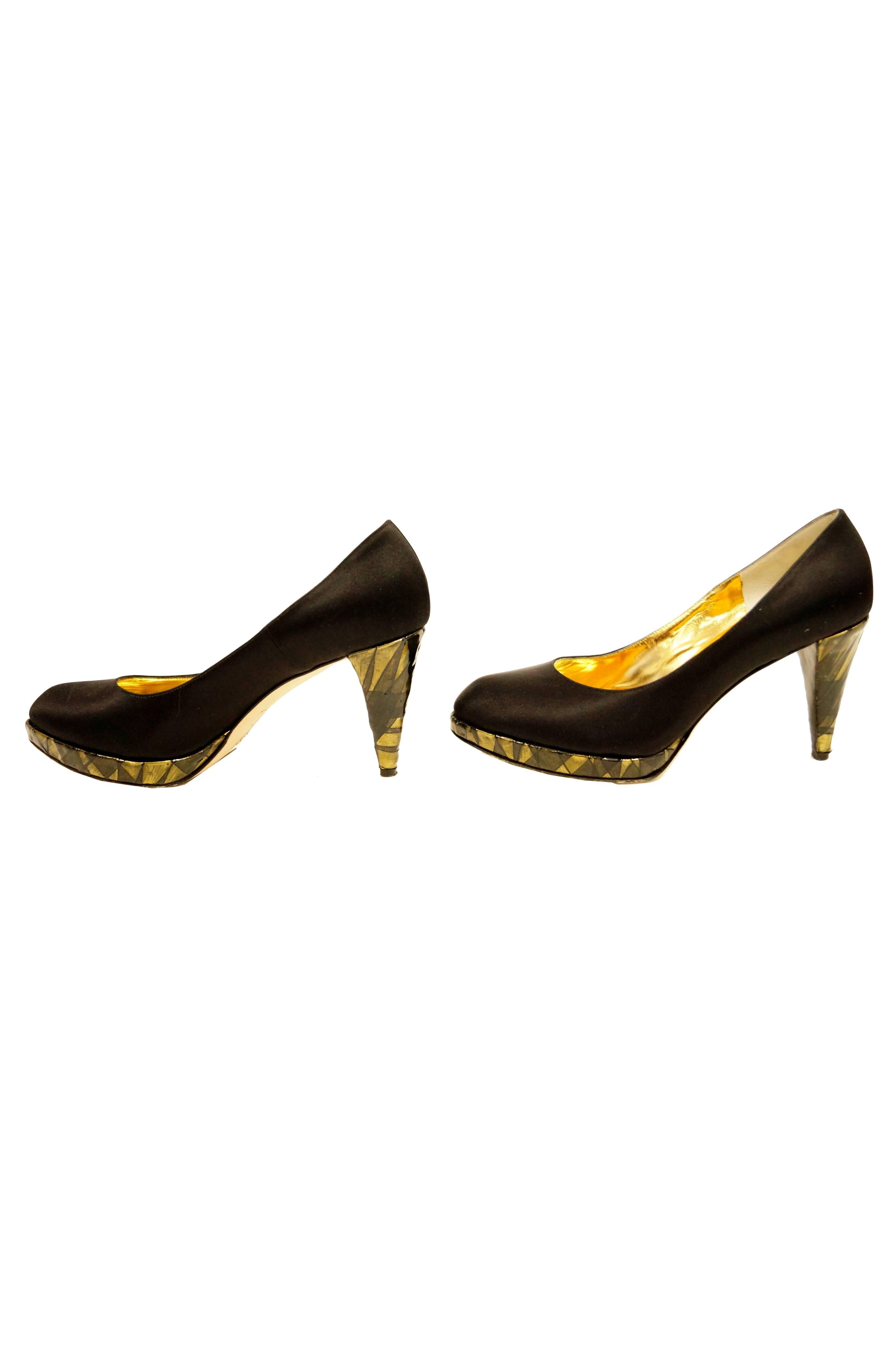 Women's Rodo Black Satin Pumps with Gold Stained Glass Style Heel, 1980s For Sale