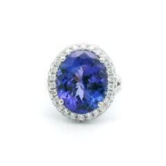 Large Oval Tanzanite Halo Ring 8.56 Carat, Diamond Cocktail Ring 18K White Gold