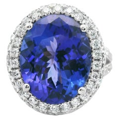 Rare 8.56 ct Violet-Blue Tanzanite & Diamond Halo Ring in Solid 18K White Gold
