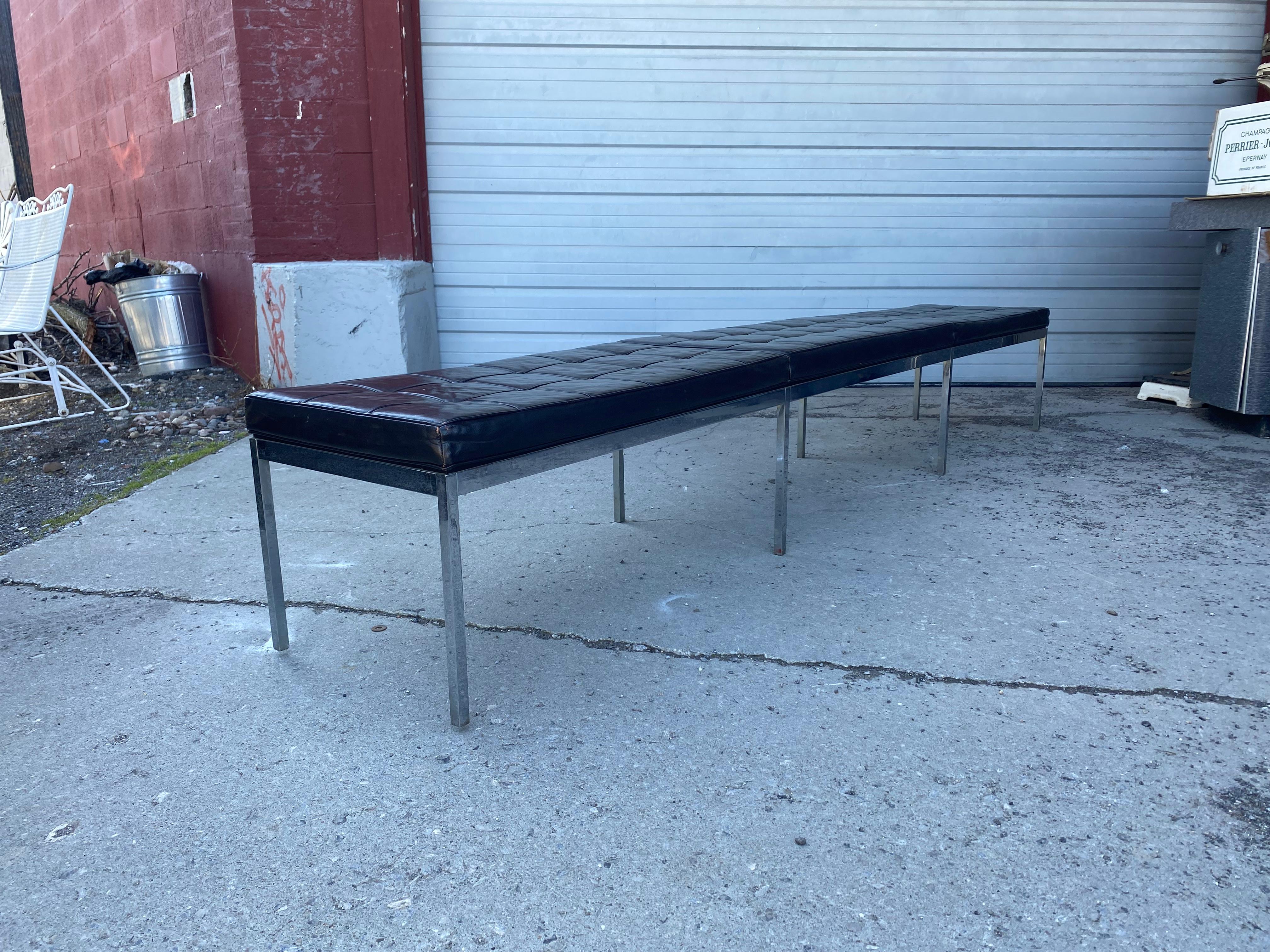 Rare 9 Foot Tufted Leather and Chrome bench by Florence Knoll for Knoll.. Salvaged from Albright Knox aRT gALLERY,,,Buffalo NY..Most likely a custom order from Knoll.,,,have never seen one this length.Hand delivery avail to New York City or anywhere