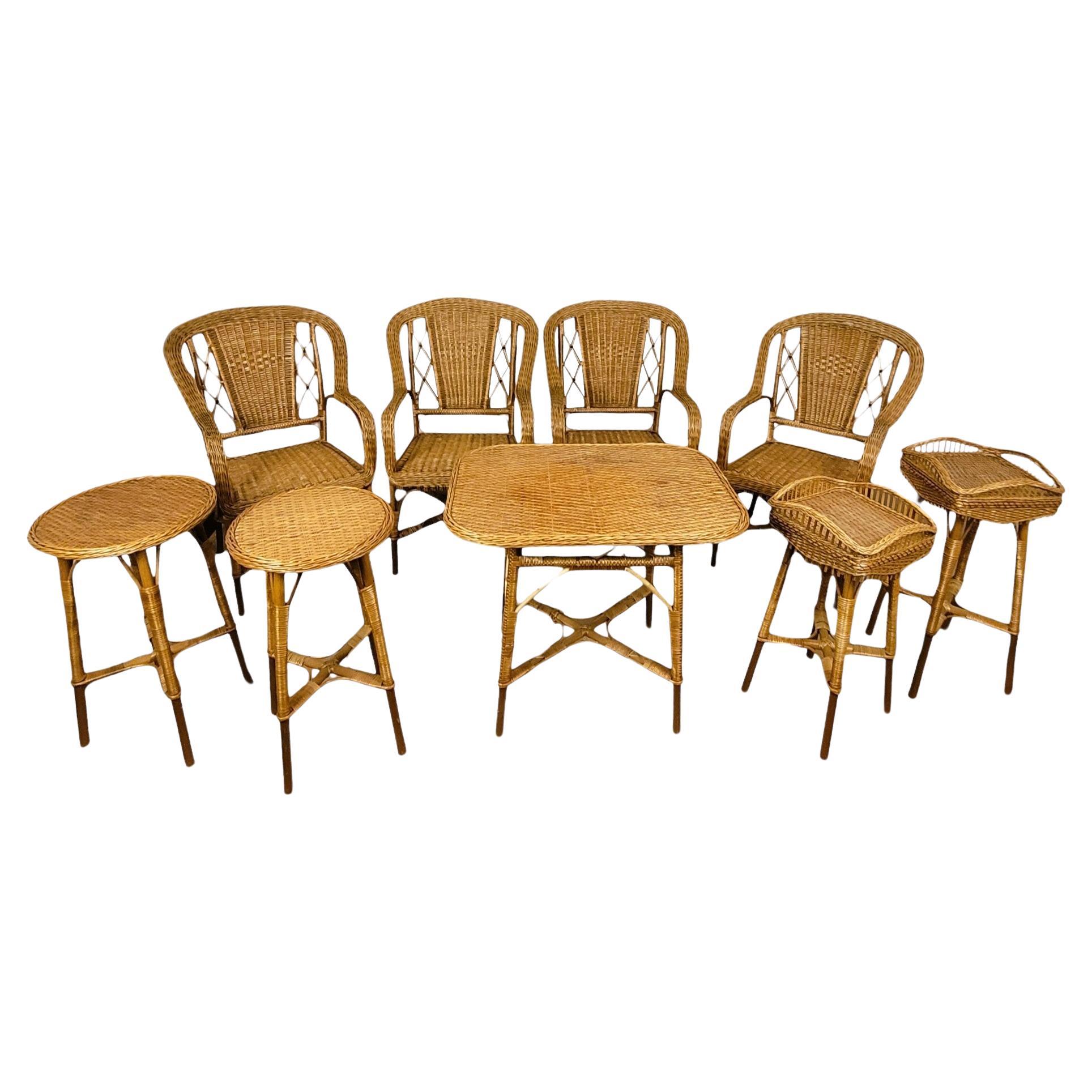 Rare 9 Piece Rattan Living Room Set, Mid 20th Century