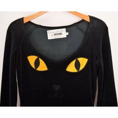 Rare 90's Vintage Moschino 'Cat Face' Velvet Black Long sleeve body con Dress