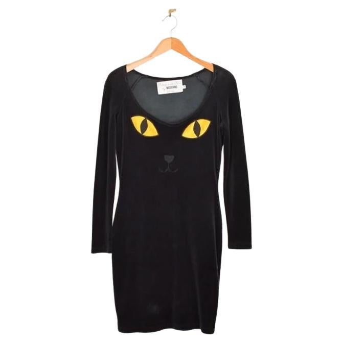 Rare 90's Vintage Moschino 'Cat Face' Velvet Black Long sleeve body con Dress For Sale