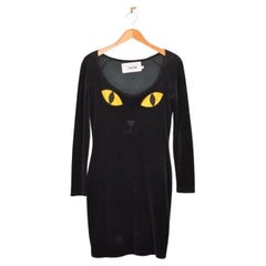 Rare 90's Vintage Moschino 'Cat Face' Velvet Black Long sleeve body con Dress