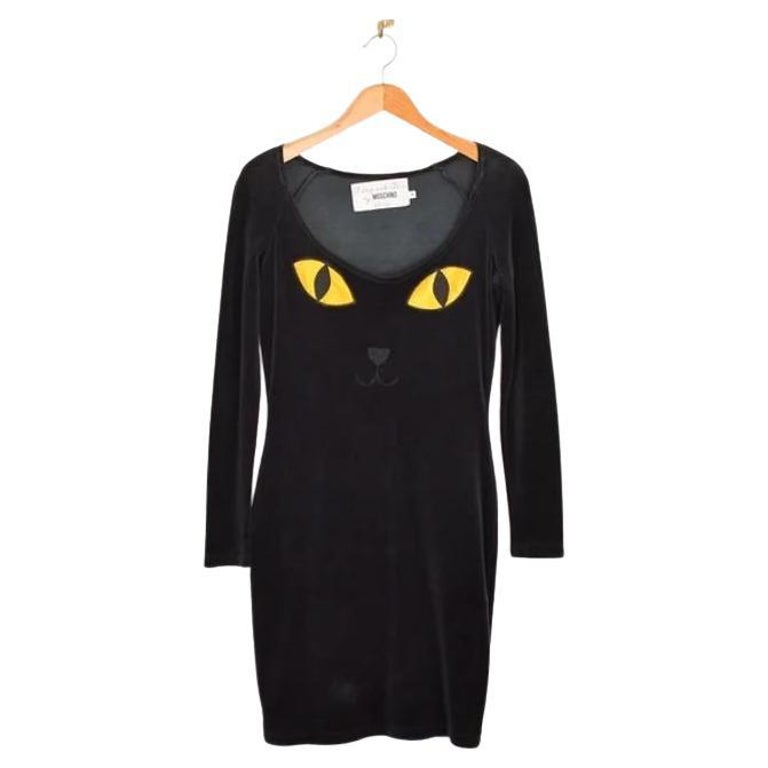 Rare 90's Vintage Moschino 'Cat Face' Velvet Black Long sleeve body con  Dress For Sale at 1stDibs