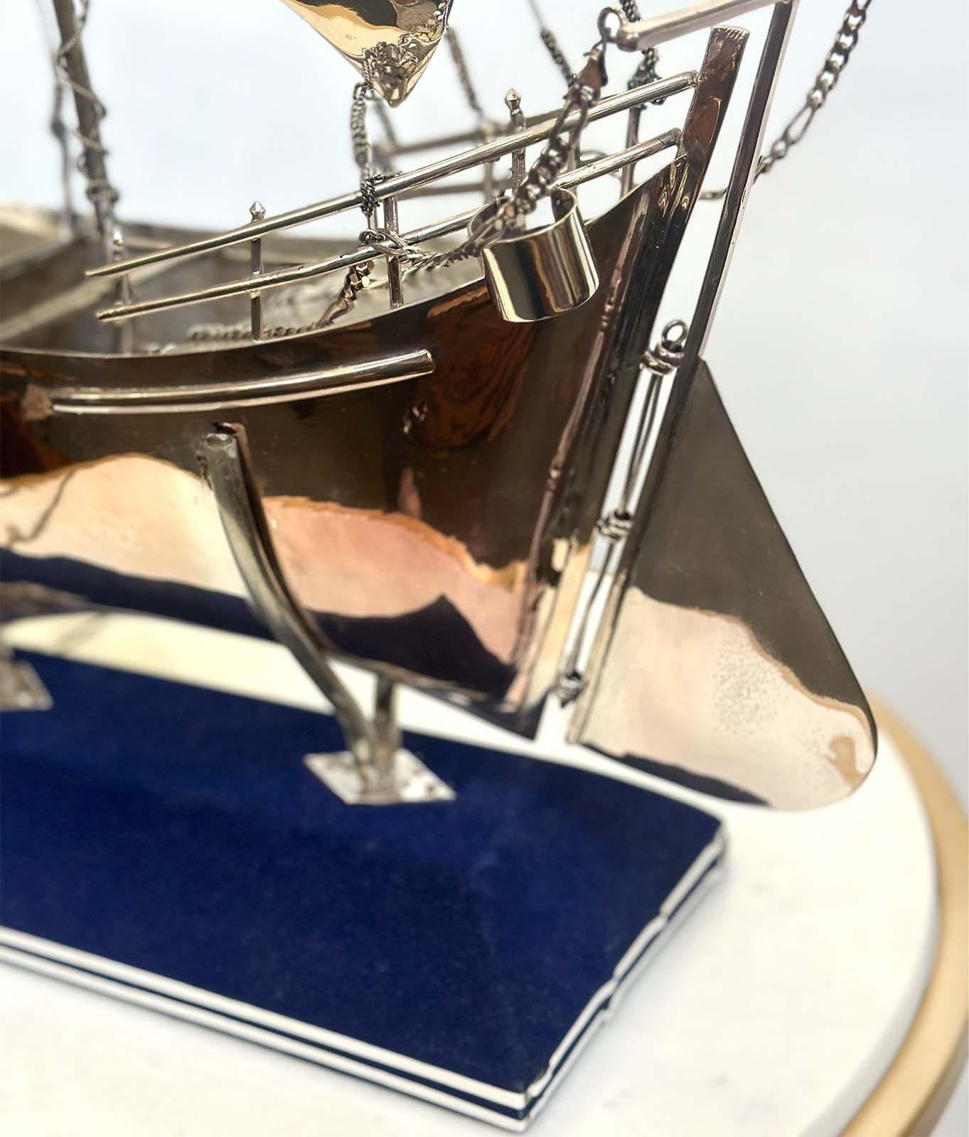 Rare 925 Sterling Silver Boat Sculpture on Blue Velvet Stand In Good Condition For Sale In Los Angeles, CA