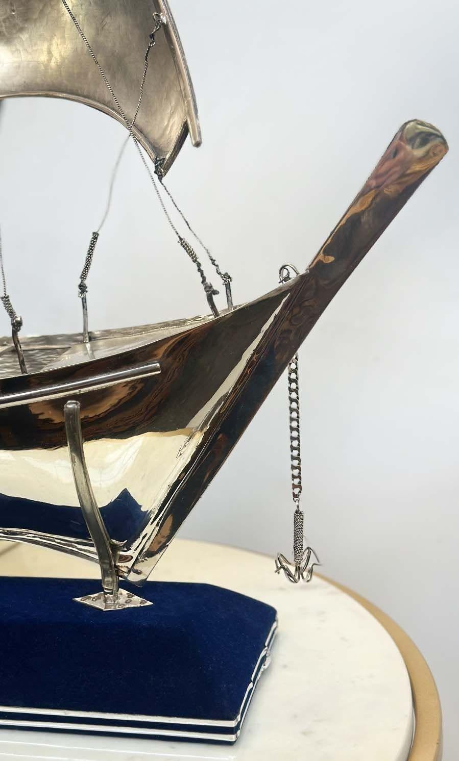 Late 20th Century Rare 925 Sterling Silver Boat Sculpture on Blue Velvet Stand For Sale