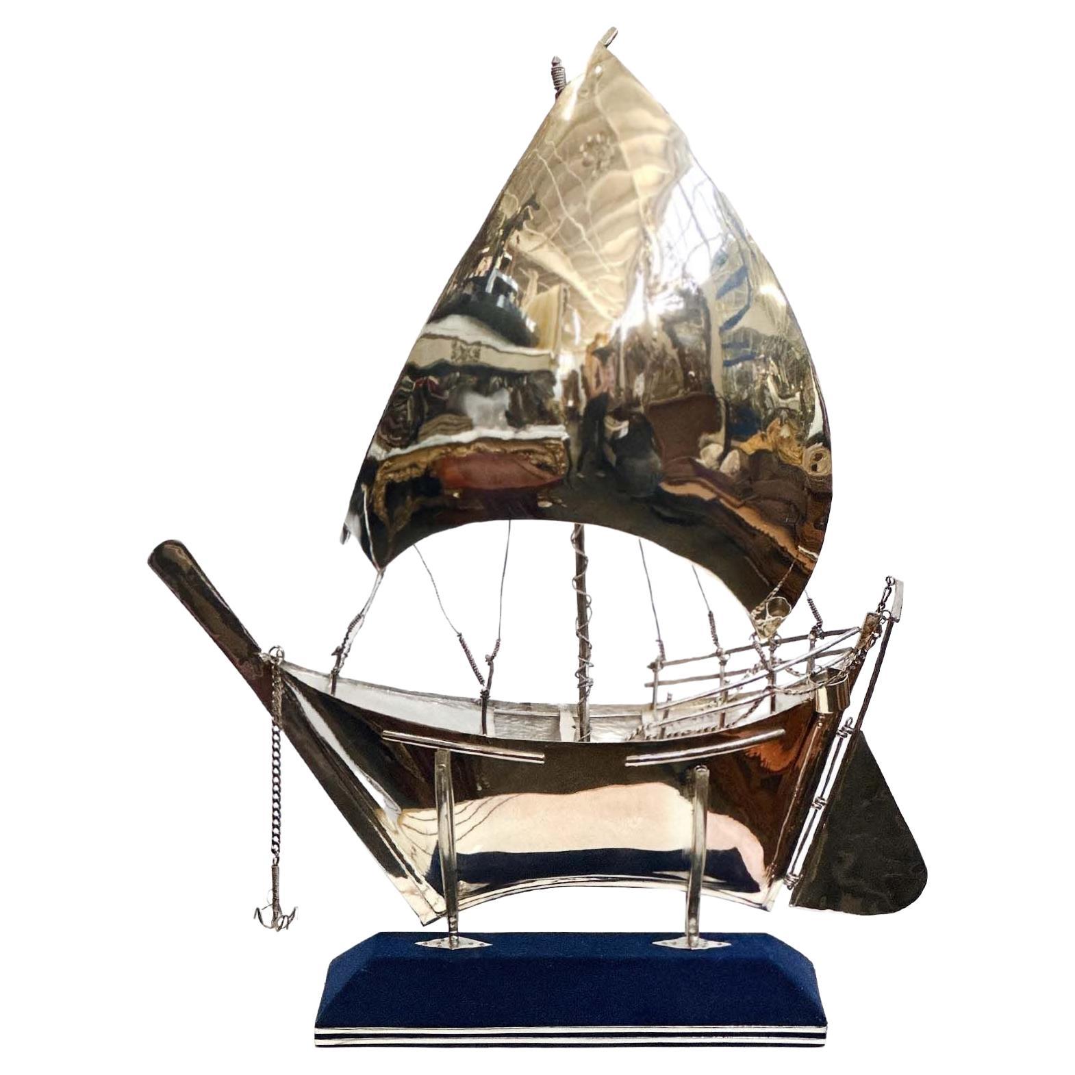 Rare 925 Sterling Silver Boat Sculpture on Blue Velvet Stand For Sale