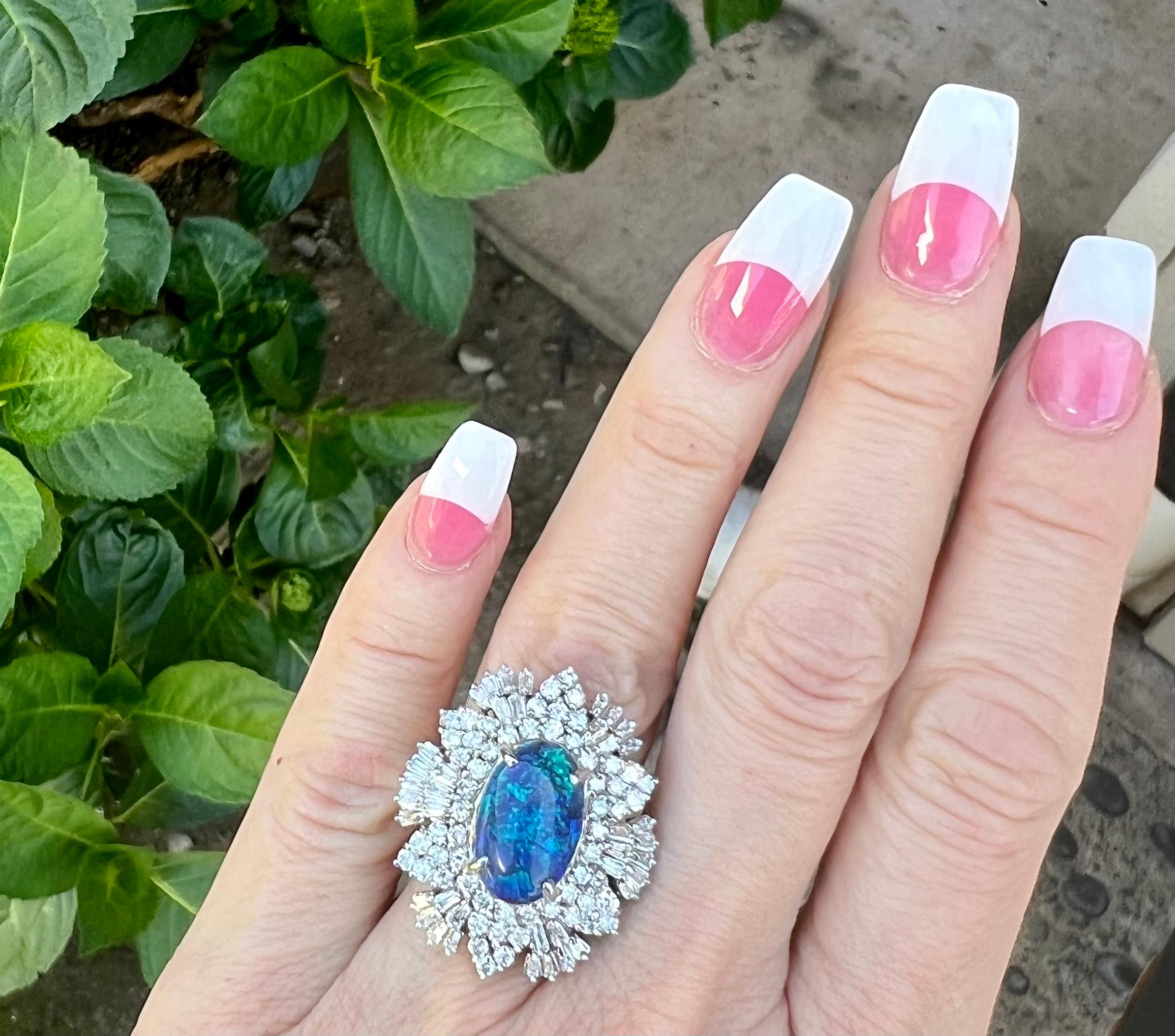 Seltener 9,77 Karat natürlicher australischer schwarzer Opal und Diamant-Weißgoldring 4