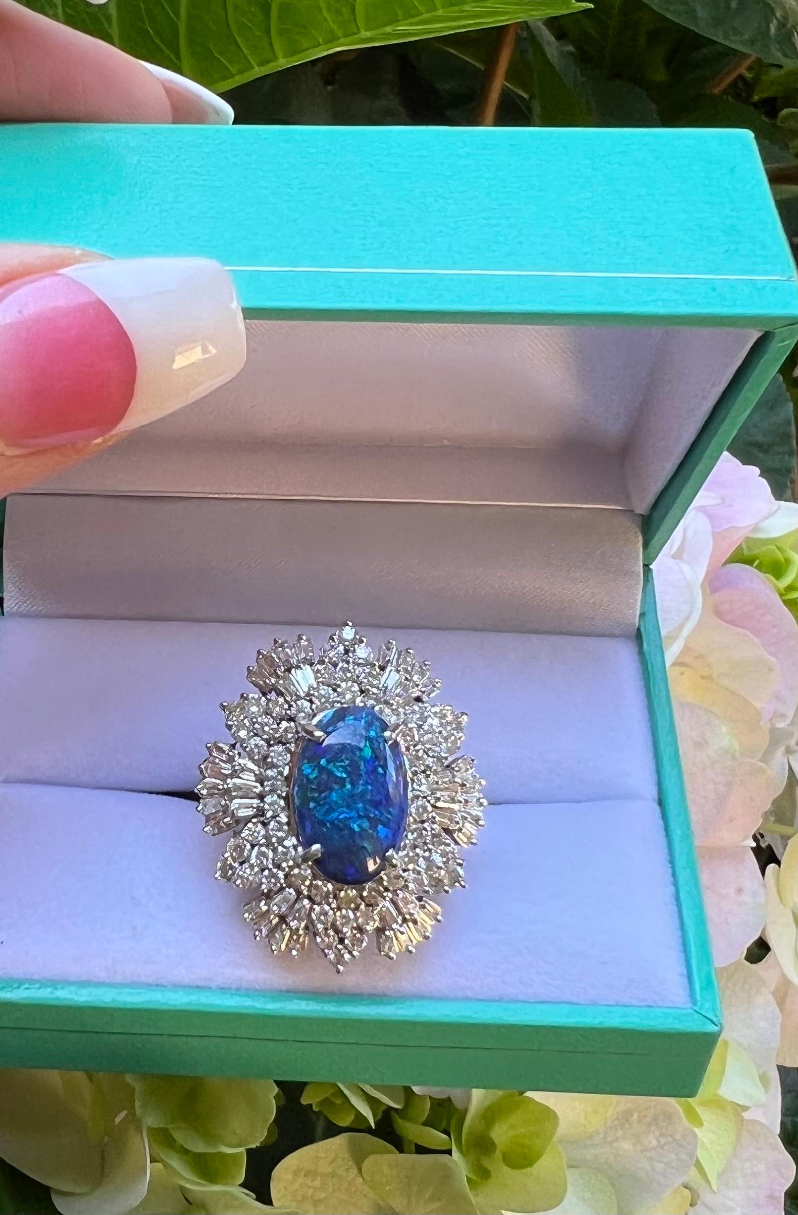  Rare 9.77 Carat Natural Australian Black Opal and Diamond White Gold Ring In Excellent Condition In Tustin, CA