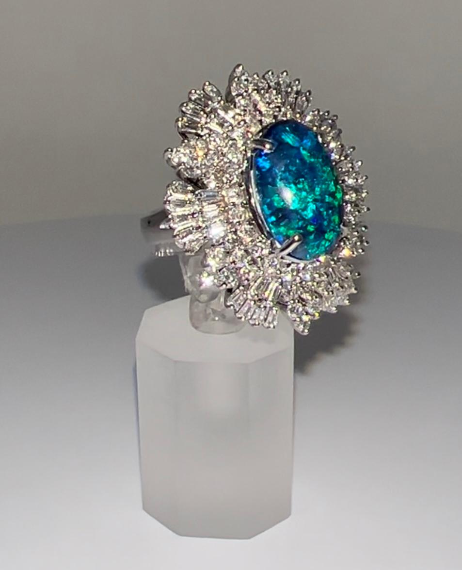 Women's  Rare 9.77 Carat Natural Australian Black Opal and Diamond White Gold Ring