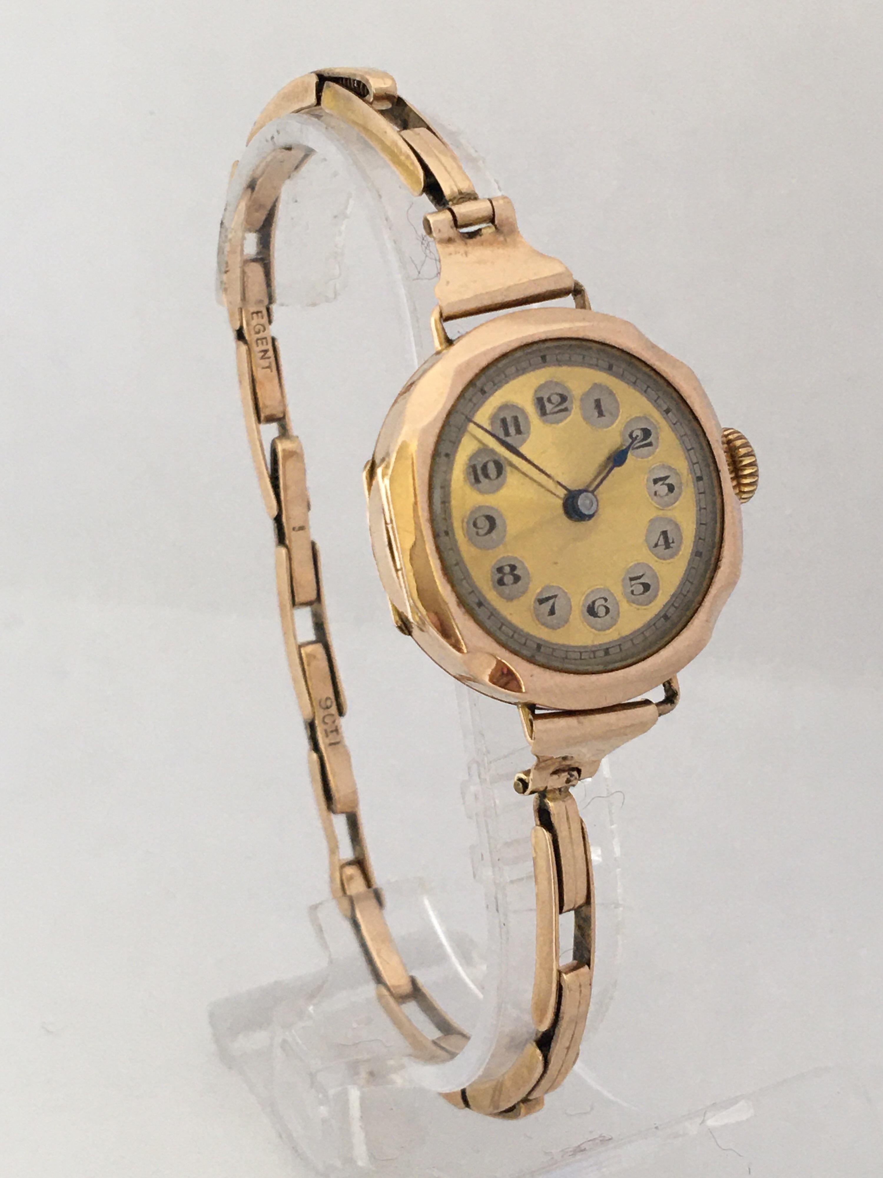 This beautiful and rare antique ladies gold trench watch is working and it is ticking nicely and it runs well. Visible signs of ageing and wear with light and tiny scratches on the glass and on the gold watch case. The hard metal gold plated winder
