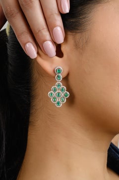 Rare AAA Emerald Diamond Halo Wedding Dangle Earrings in 14k Solid White Gold