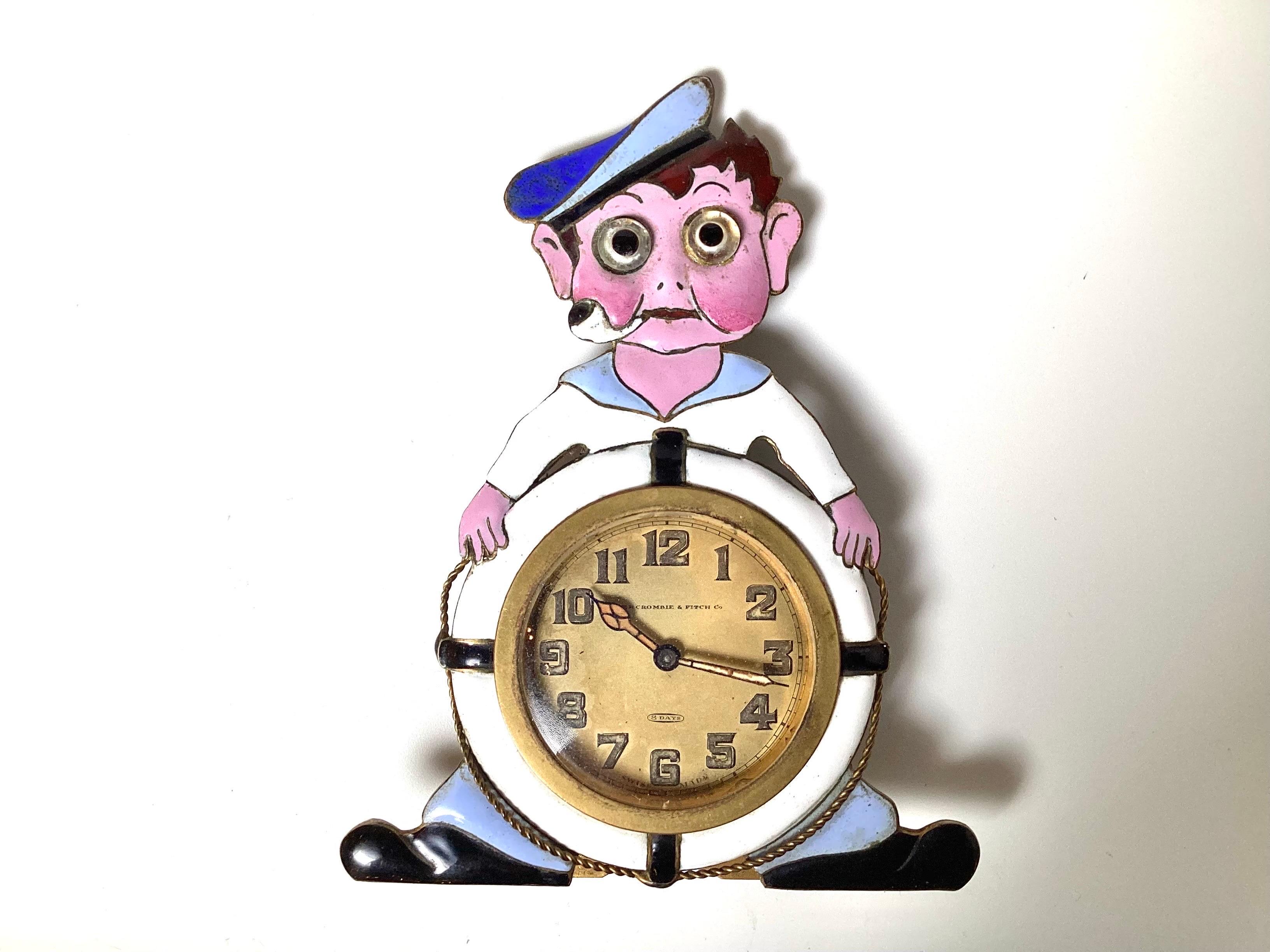 Rare Abercrombie and Fitch Enameled Sailor Motif Working Table Clock, 1920's 1