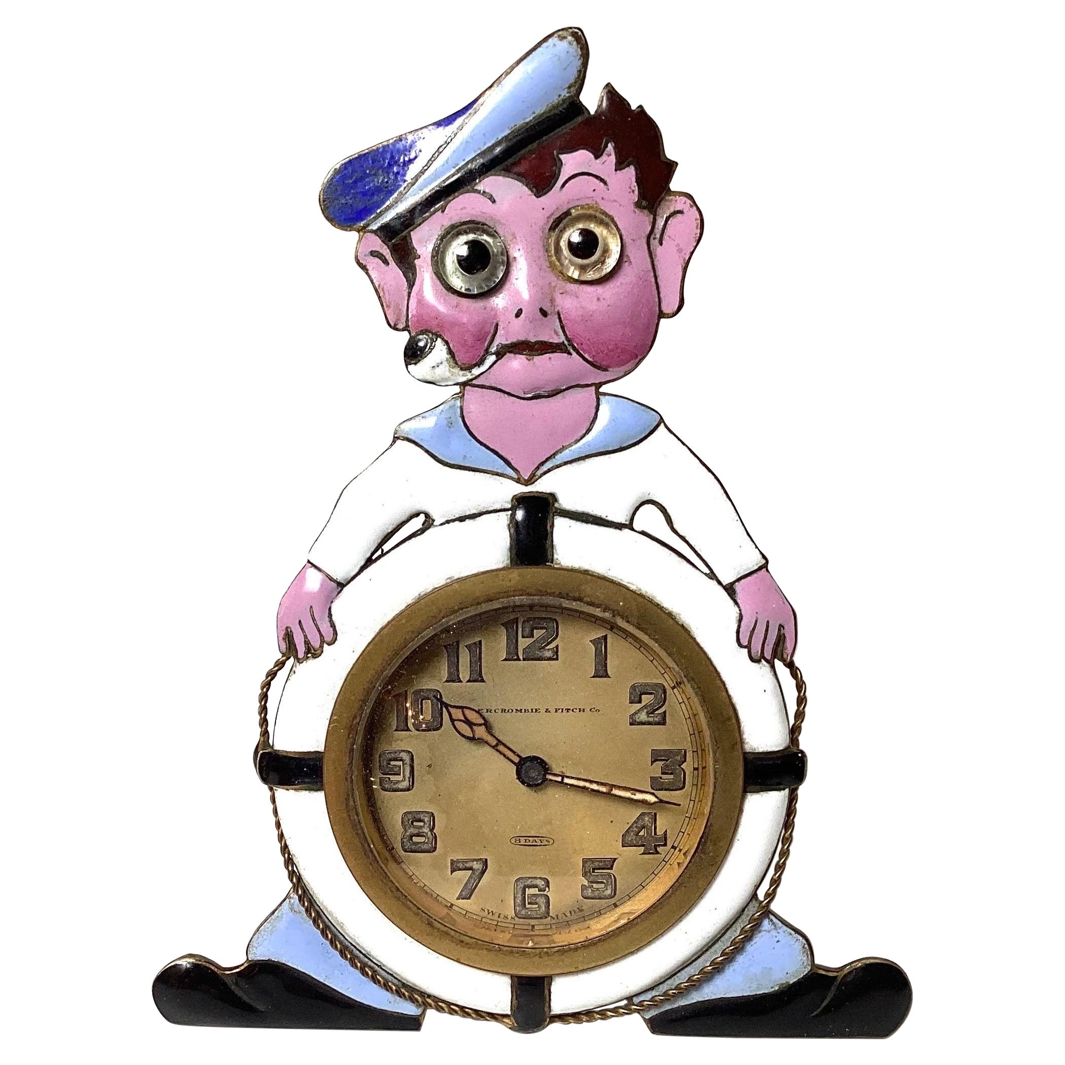 Rare Abercrombie and Fitch Enameled Sailor Motif Working Table Clock, 1920's