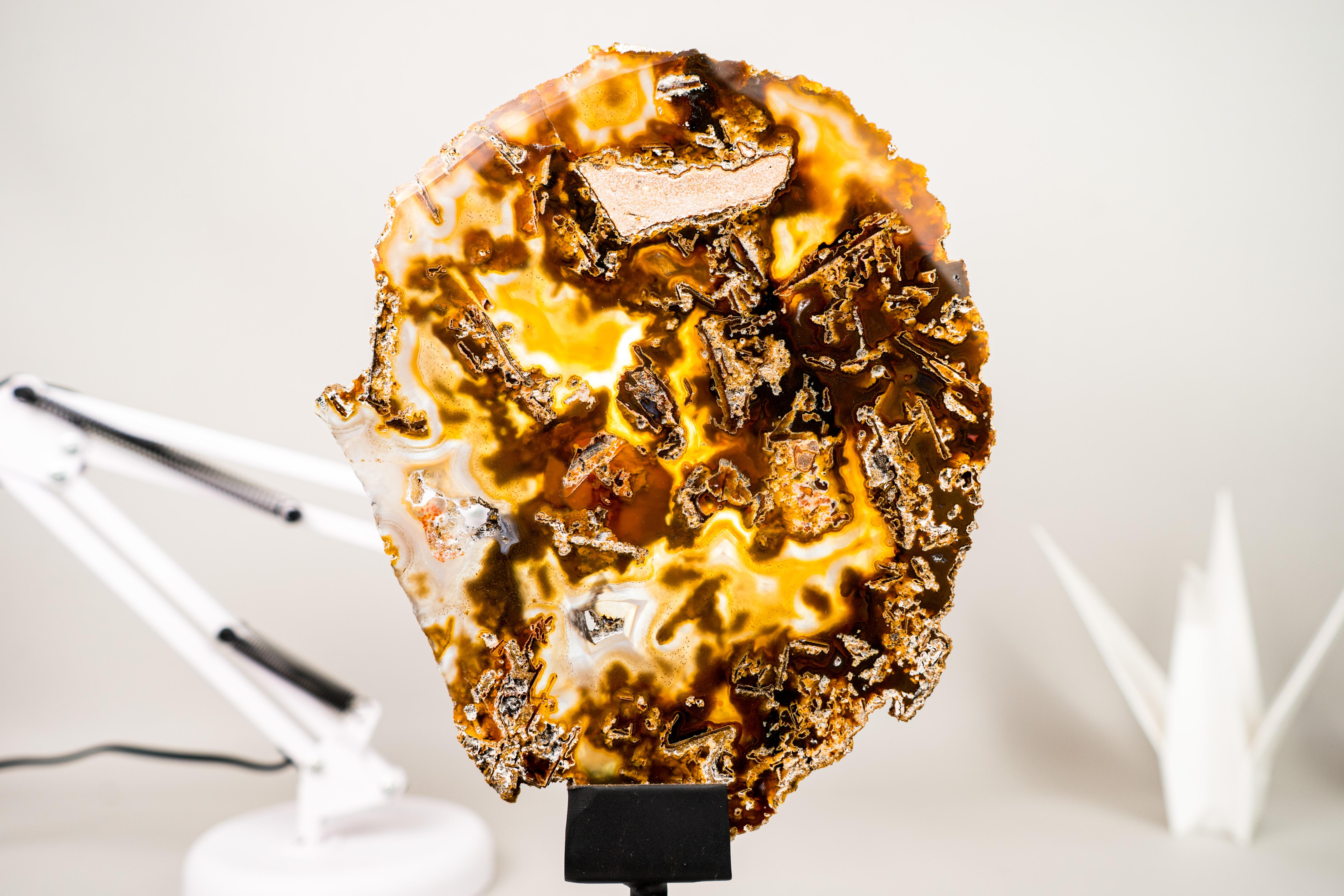 Tranche d'agate peinte abstraite naturelle avec une combinaison de couleurs rare et unique et des inclusions pseudomorphes

▫️ Description

Véritable chef-d'œuvre naturel, cette tranche d'agate affiche des couleurs dans les tons jaune, noir et