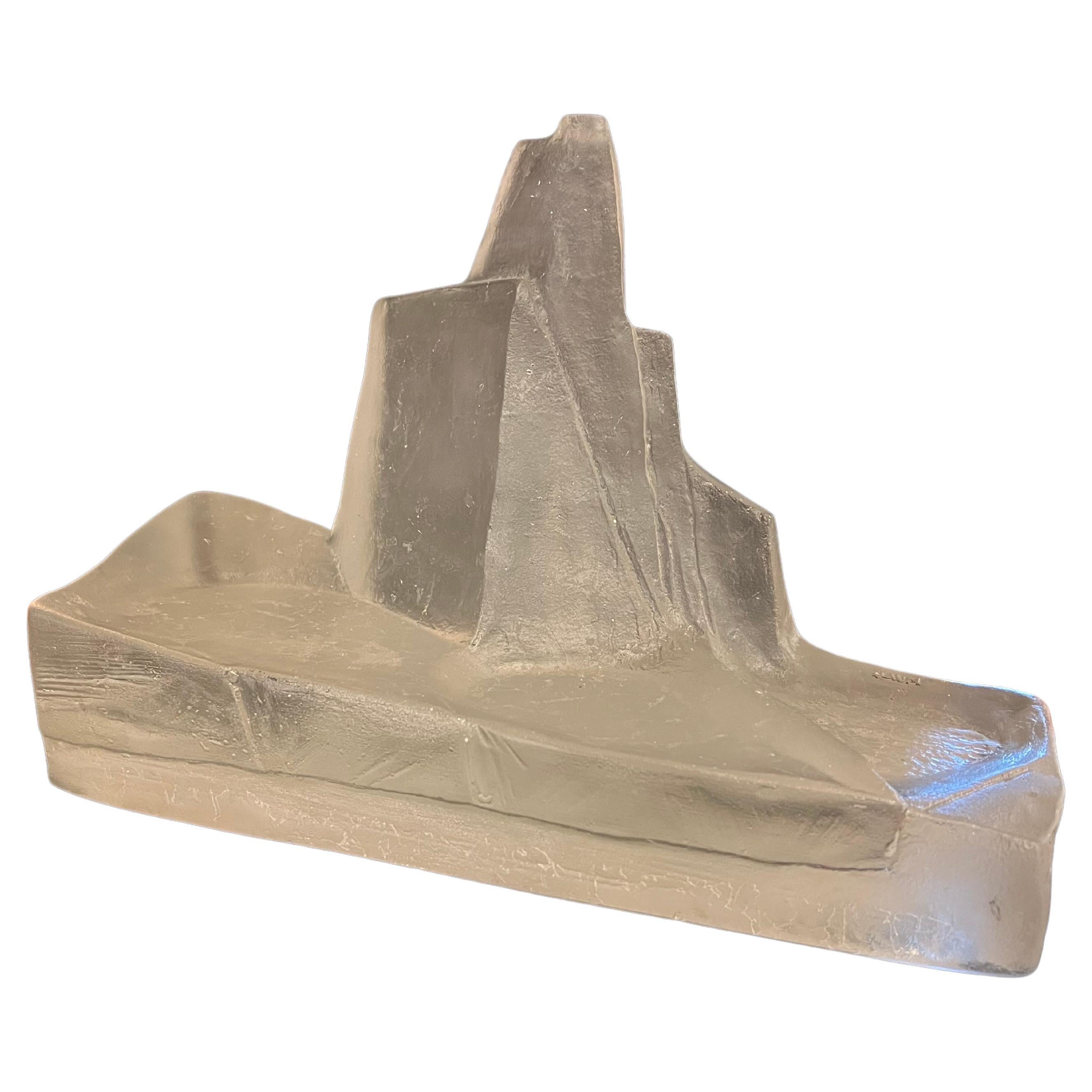 French Rare Abstract Frosted Solid Block Glass Sculpture by Daum