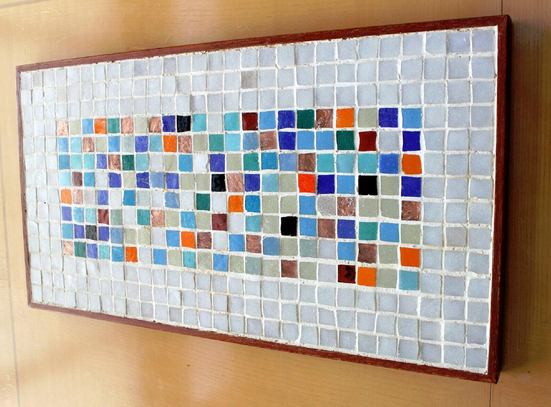 American Rare Abstract Mid Century Ceramic Mosaic Tile Wall Art! Teak Frame. 1950s Table For Sale