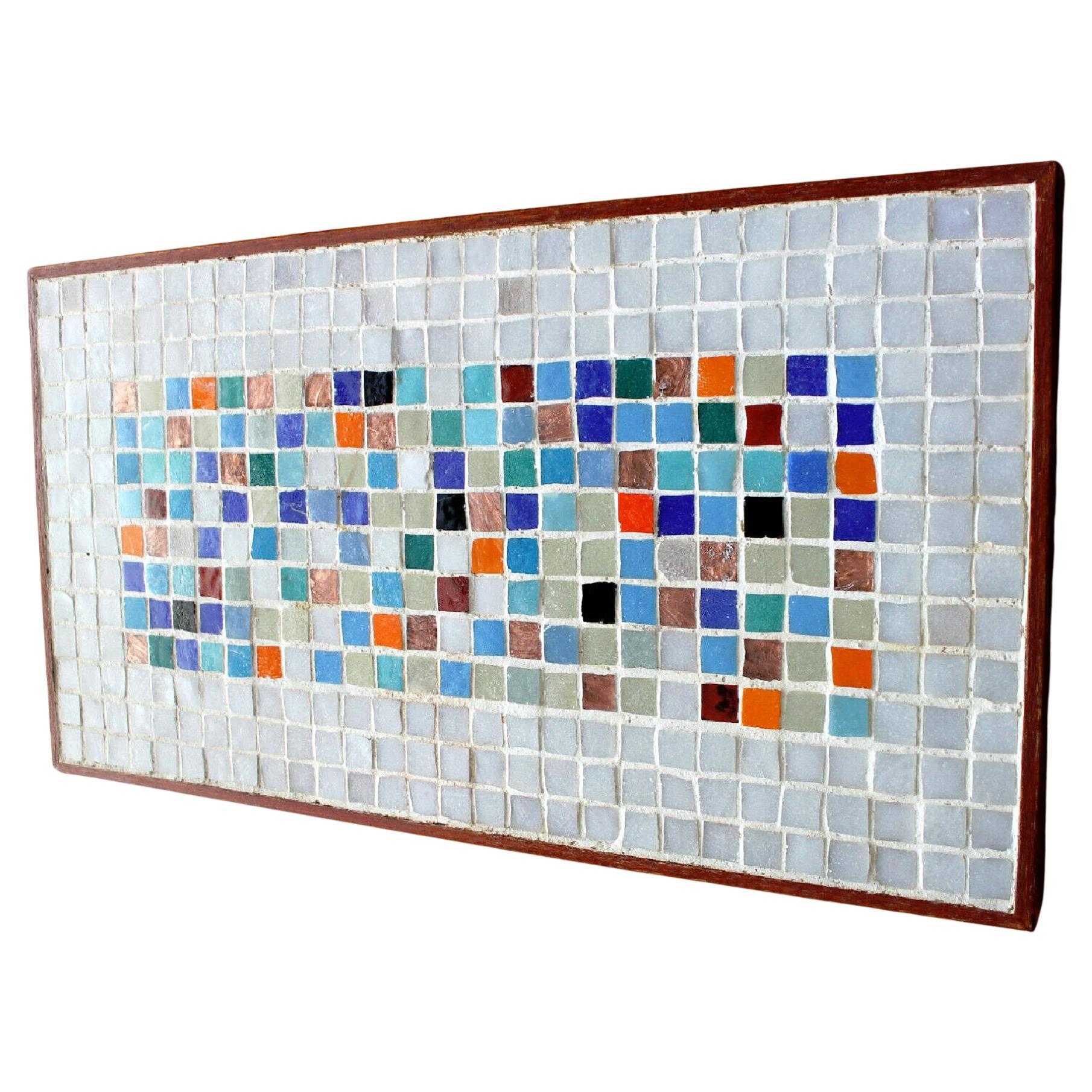 Rare Abstract Mid Century Ceramic Mosaic Tile Wall Art! Teak Frame. 1950s Table For Sale