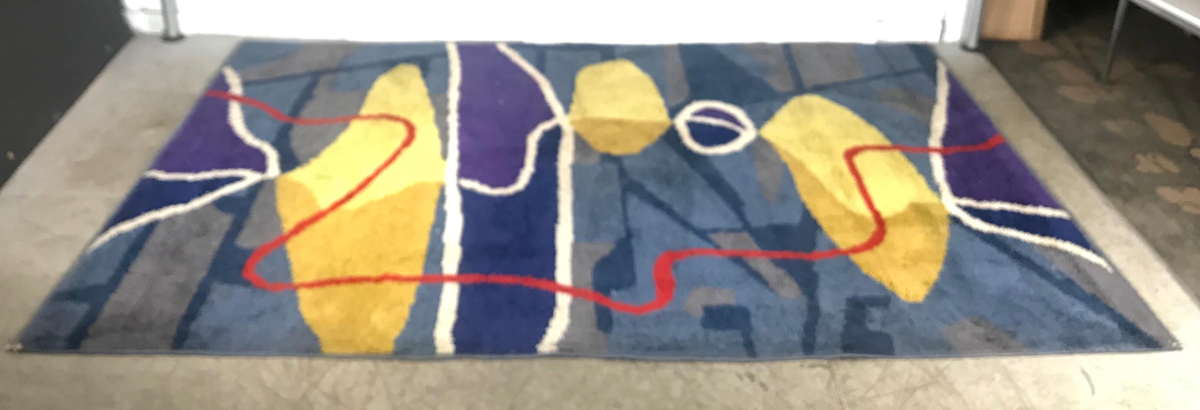 Rare abstract modernist Moroccan wool rug, Artisanat. original label. Amazing colors and design, some low spots to pile, also minor wear, white knot showing. Overall nice original condition. Just sent out to be professionally cleaned.