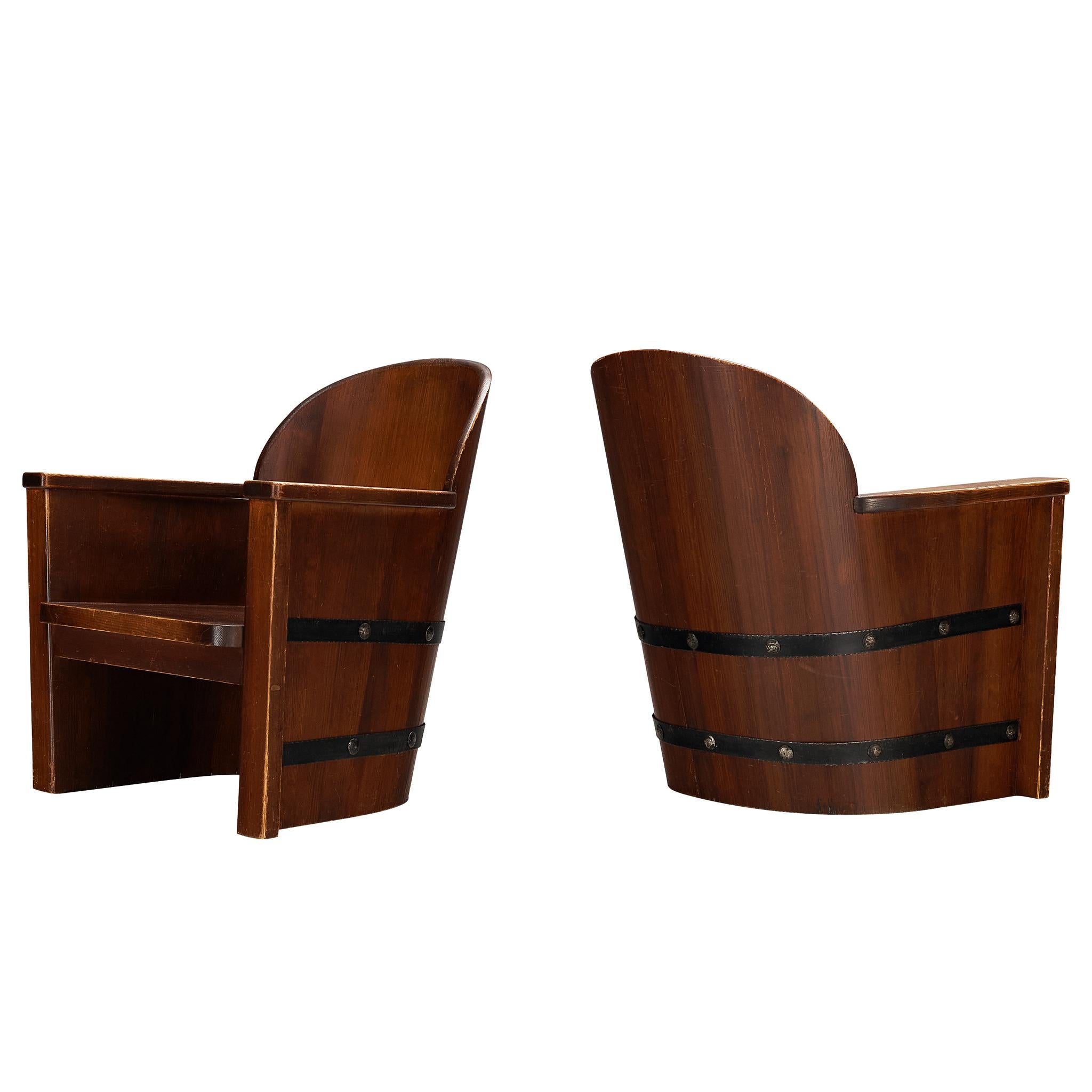 Rare Åby Möbelfabrik Pair of 
Lövåsen
 Barrel Armchairs in Solid Pine and Iron For Sale