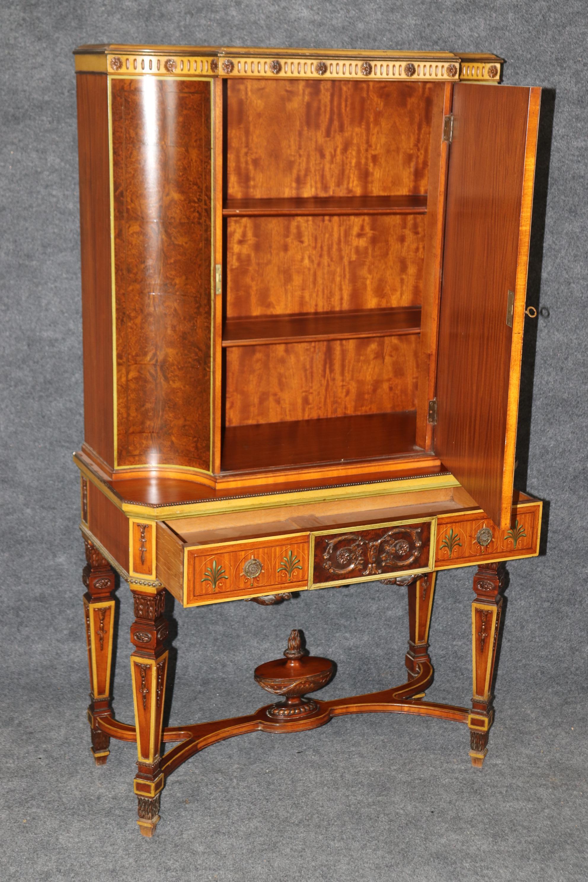 Adam Style Rare Adams Paint Decorated Burled Walnut and Satinwood China Cabinet Bar  For Sale