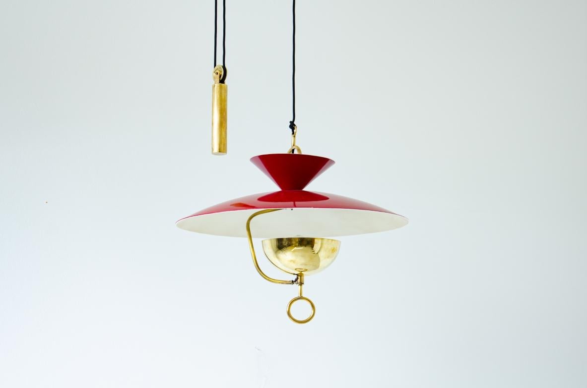 Mid-Century Modern Rare Adjustable Chandelier in Lacquered Metal and Brass  For Sale