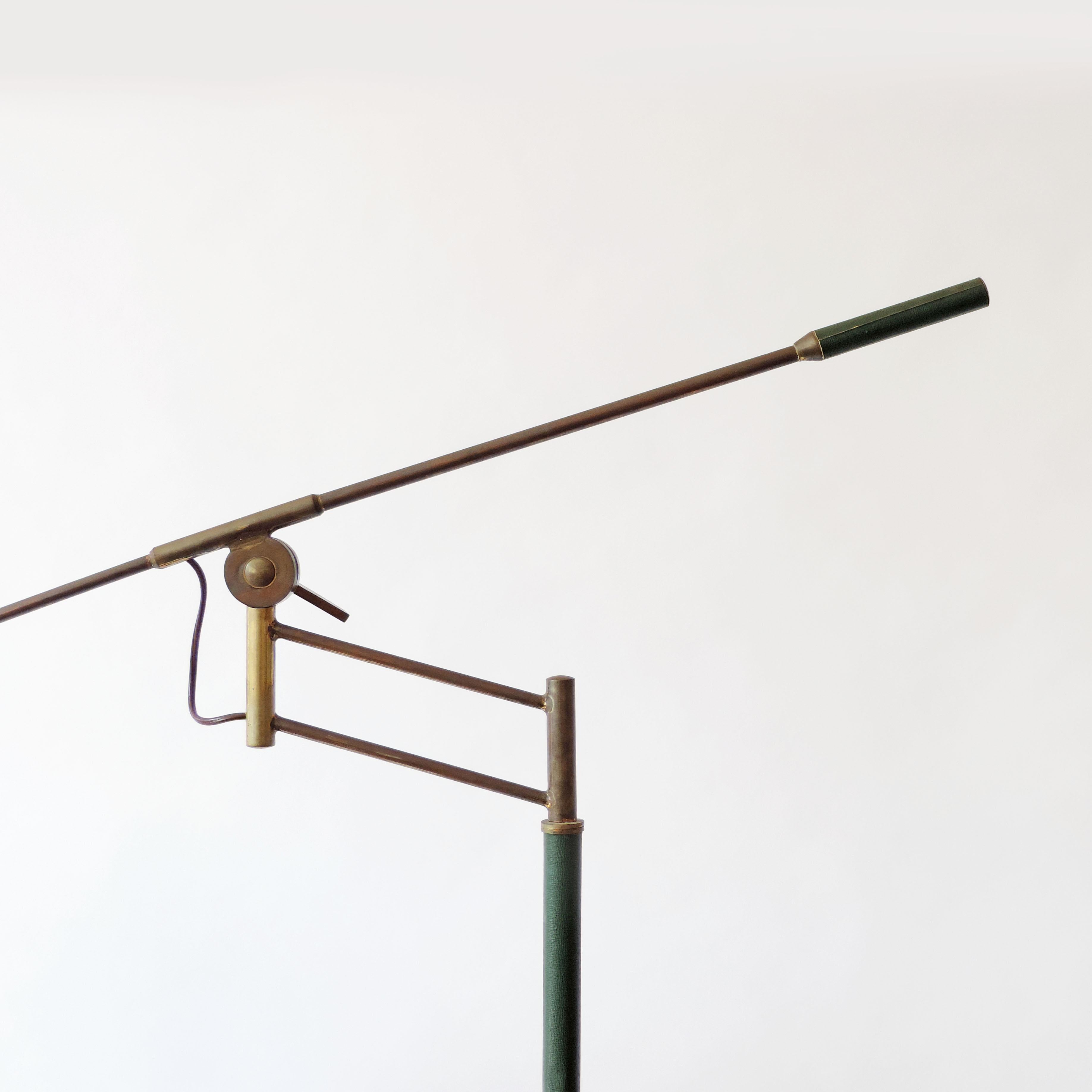 Mid-20th Century Rare Adjustable Italian Floor Lamp in Brass and Green Faux Leather, 1940s For Sale