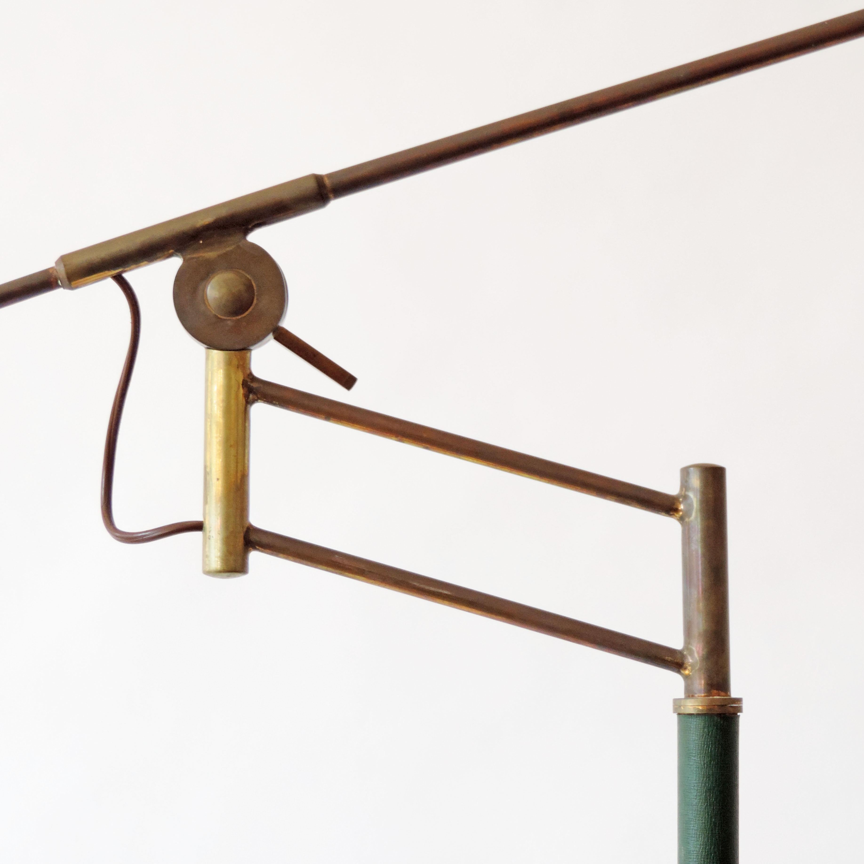 Rare Adjustable Italian Floor Lamp in Brass and Green Faux Leather, 1940s For Sale 1